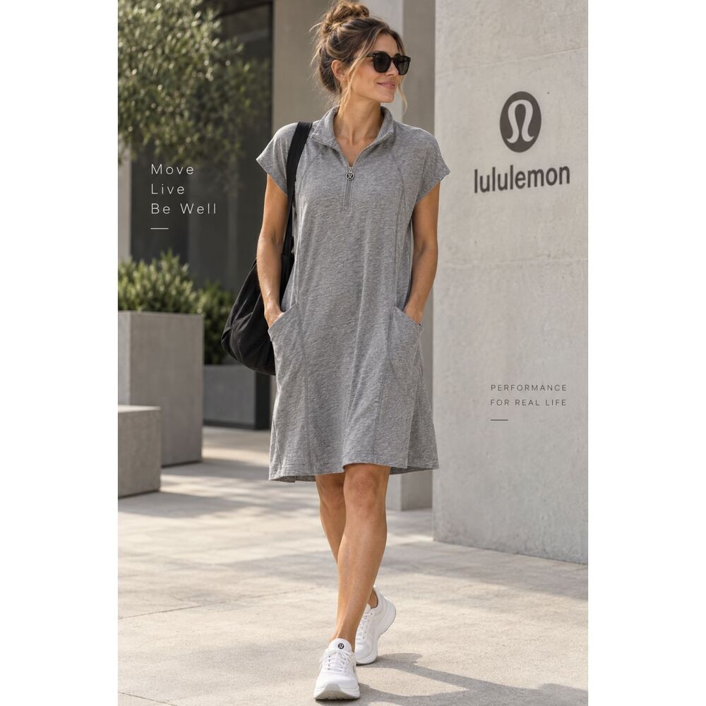 Lululemon Gray Cotton Blend Dress Size L Half Zip Pockets Short Sleeve